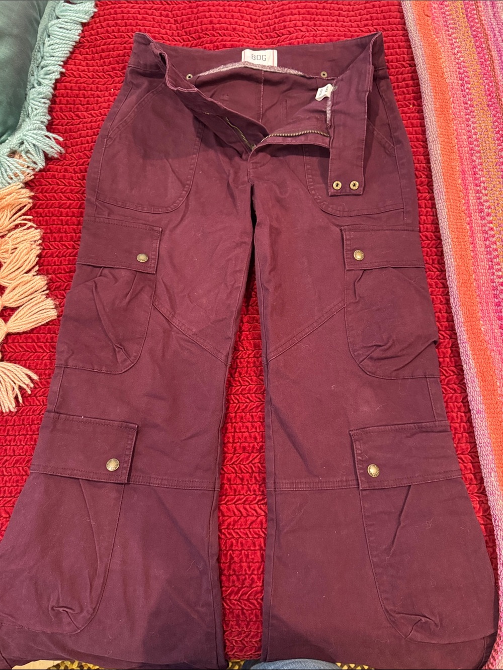 BDG Wide-Leg Cargo Pants in Deep Burgundy